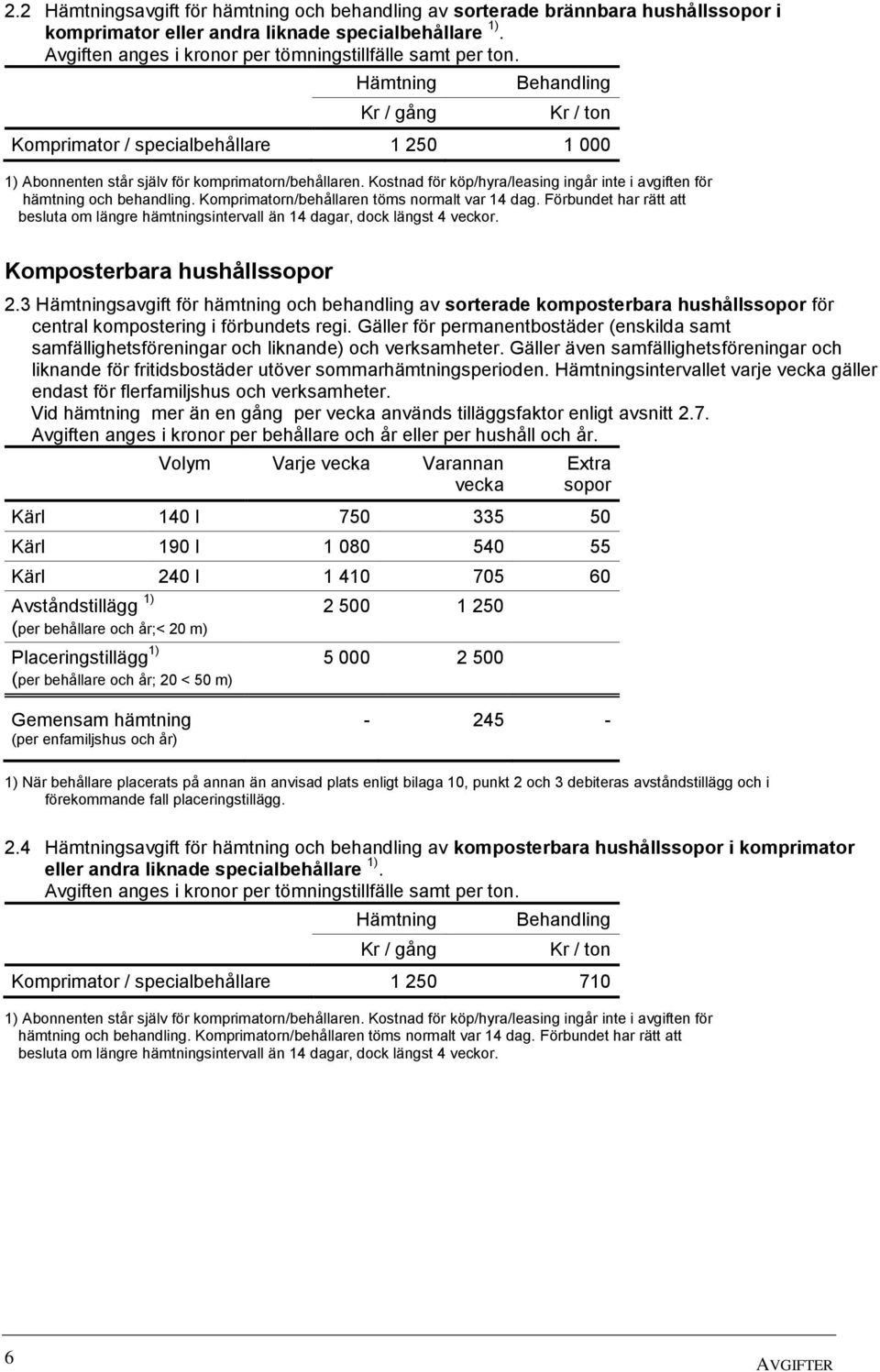 Kostnad för köp/hyra/leasing ingår inte i avgiften för hämtning och behandling. Komprimatorn/behållaren töms normalt var 14 dag.