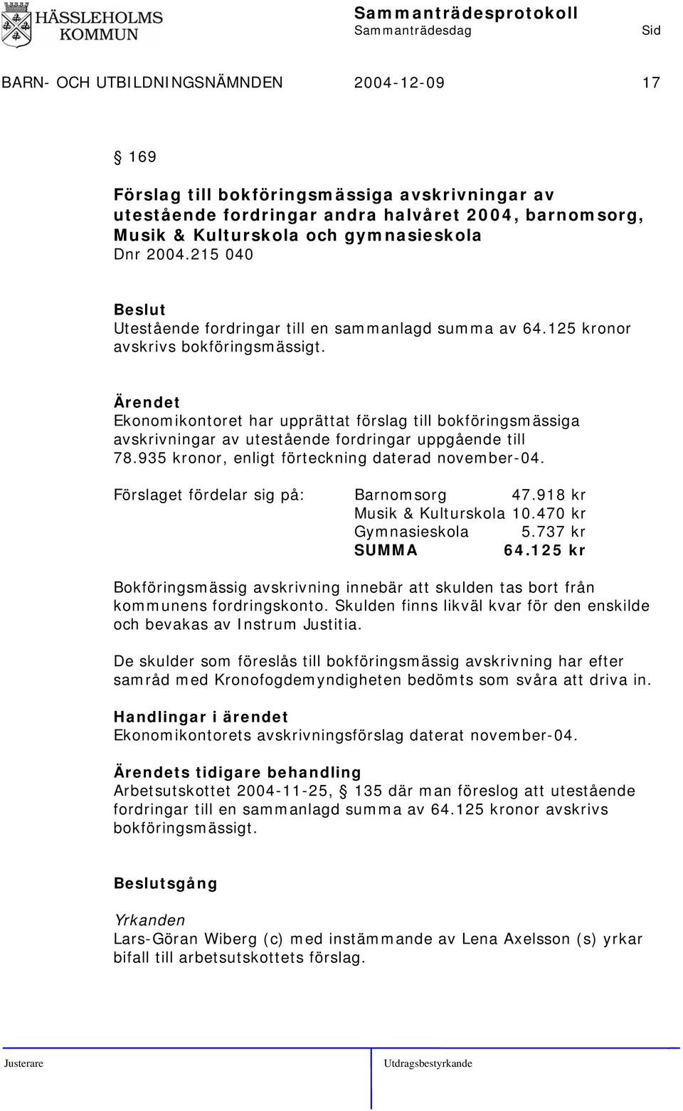 Ekonomikontoret har upprättat förslag till bokföringsmässiga avskrivningar av utestående fordringar uppgående till 78.935 kronor, enligt förteckning daterad november-04.