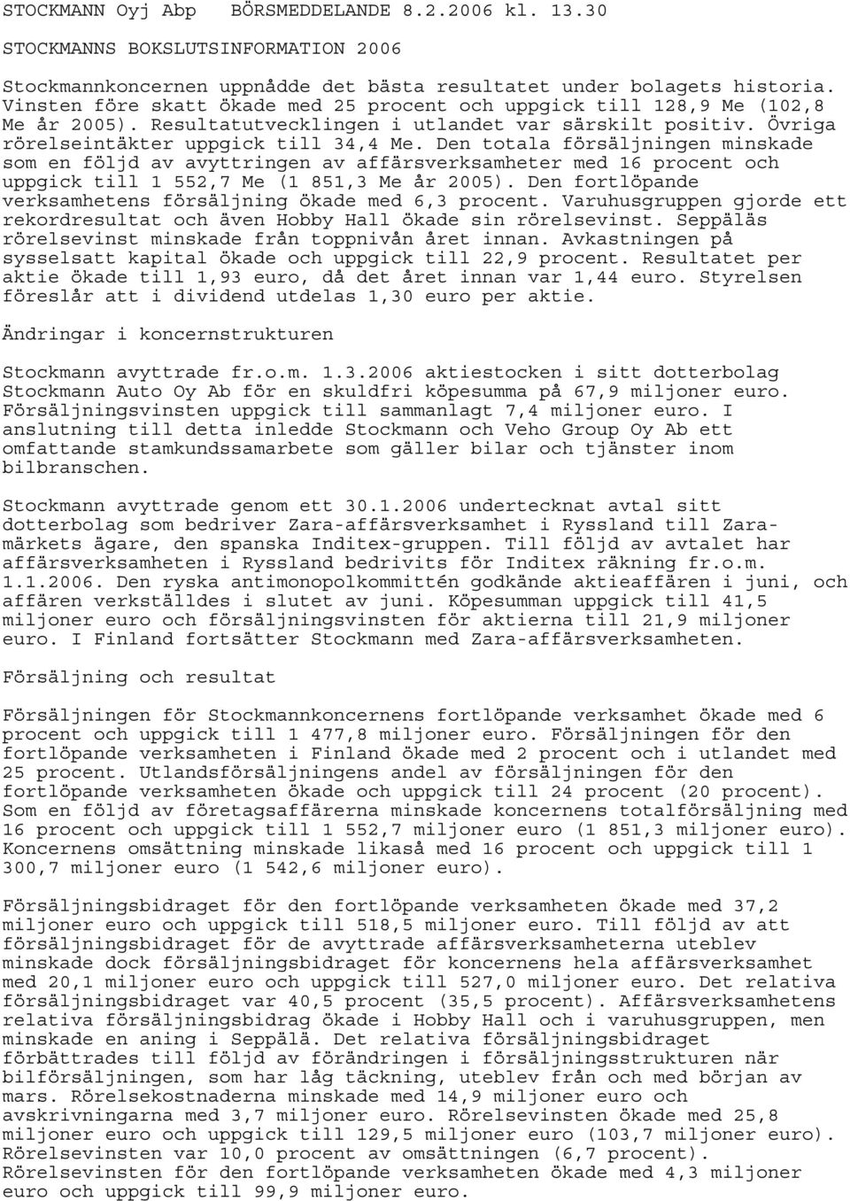 Den totala försäljningen minskade som en följd av avyttringen av affärsverksamheter med 16 procent och uppgick till 1 552,7 Me (1 851,3 Me år 2005).