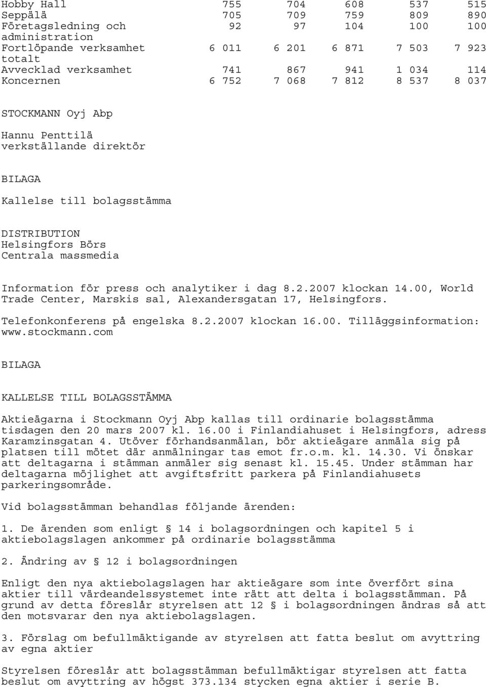 Information för press och analytiker i dag 8.2.2007 klockan 14.00, World Trade Center, Marskis sal, Alexandersgatan 17, Helsingfors. Telefonkonferens på engelska 8.2.2007 klockan 16.00. Tilläggsinformation: www.