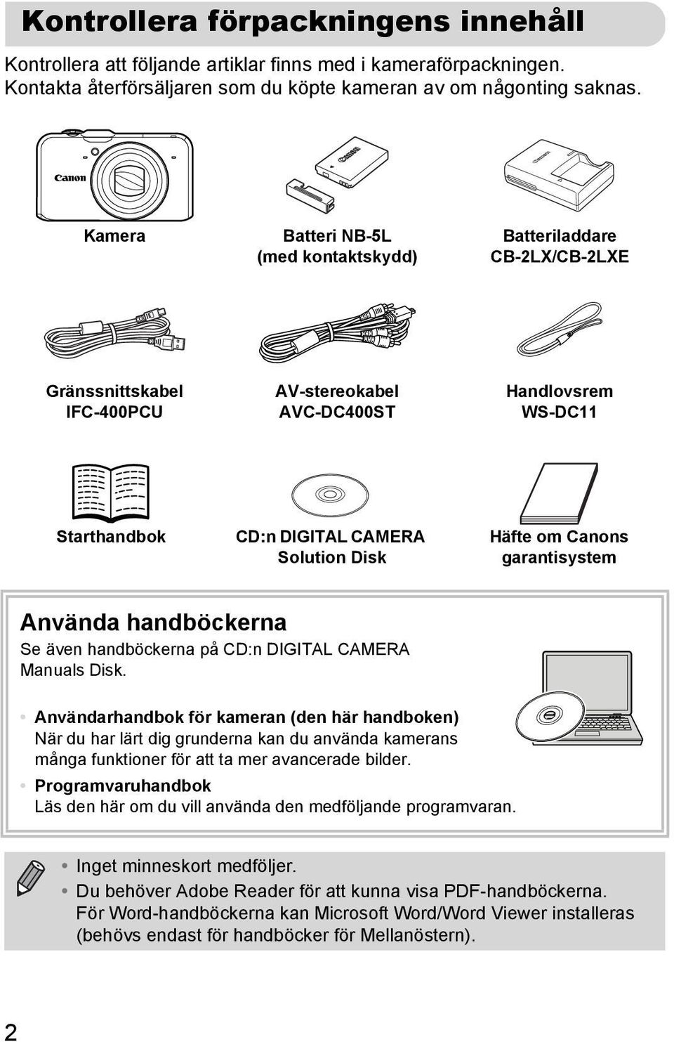 om Canons garantisystem Använda handböckerna Se även handböckerna på CD:n DIGITAL CAMERA Manuals Disk.