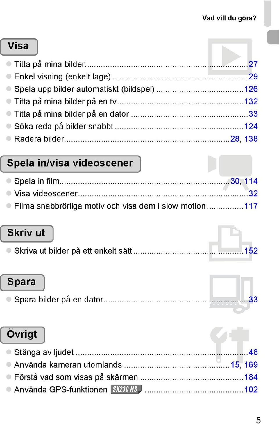 ..28, 138 Spela in/visa videoscener E Spela in film...30, 114 Visa videoscener...32 Filma snabbrörliga motiv och visa dem i slow motion.