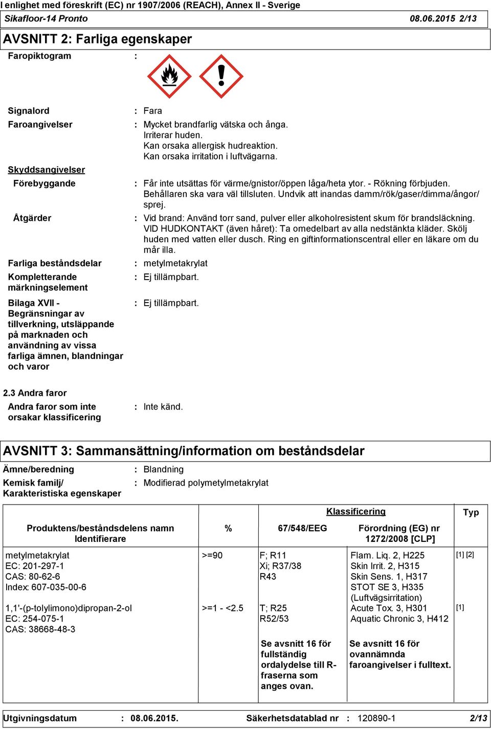 av tillverkning, utsläppande på marknaden och användning av vissa farliga ämnen, blandningar och varor Fara Mycket brandfarlig vätska och ånga. Irriterar huden. Kan orsaka allergisk hudreaktion.