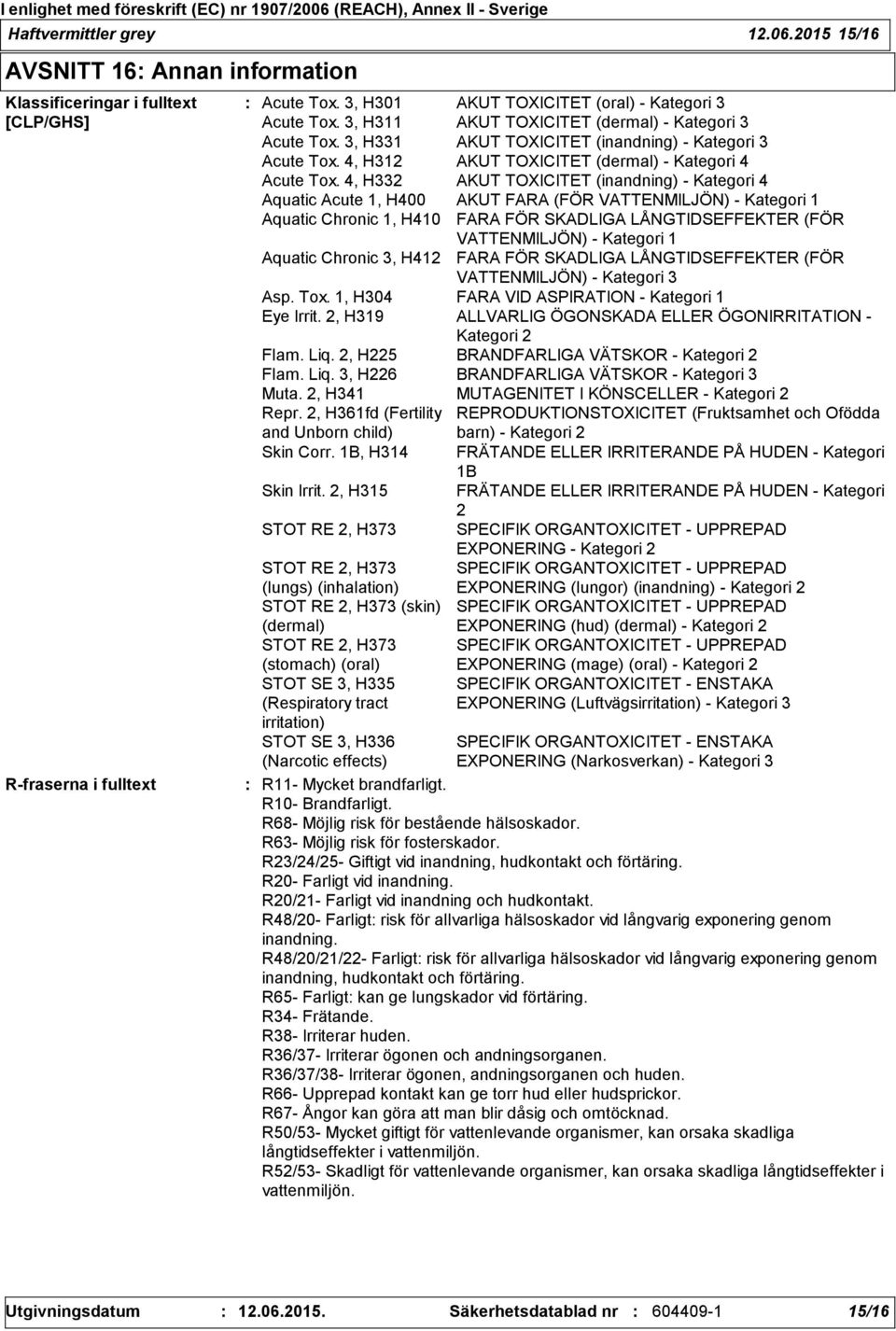 4, H332 AKUT TOXICITET (inandning) - Kategori 4 Aquatic Acute 1, H400 AKUT FARA (FÖR VATTENMILJÖN) - Kategori 1 Aquatic Chronic 1, H410 FARA FÖR SKADLIGA LÅNGTIDSEFFEKTER (FÖR Aquatic Chronic 3, H412
