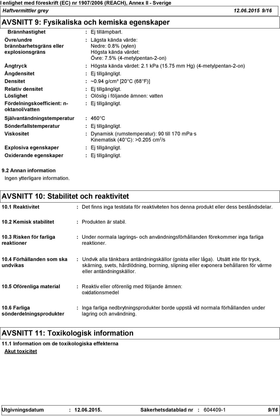 Fördelningskoefficient n- oktanol/vatten Högsta kända värdet 2.1 kpa (15.