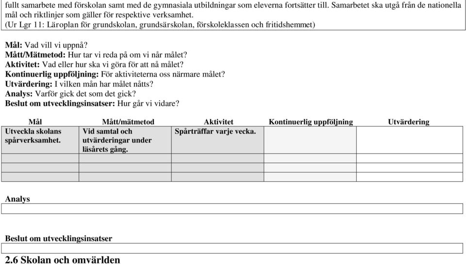 Aktivitet: Vad eller hur ska vi göra för att nå målet? Kontinuerlig uppföljning: För aktiviteterna oss närmare målet? Utvärdering: I vilken mån har målet nåtts? Analys: Varför gick det som det gick?