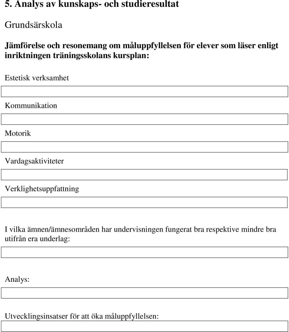 Motorik Vardagsaktiviteter Verklighetsuppfattning I vilka ämnen/ämnesområden har undervisningen