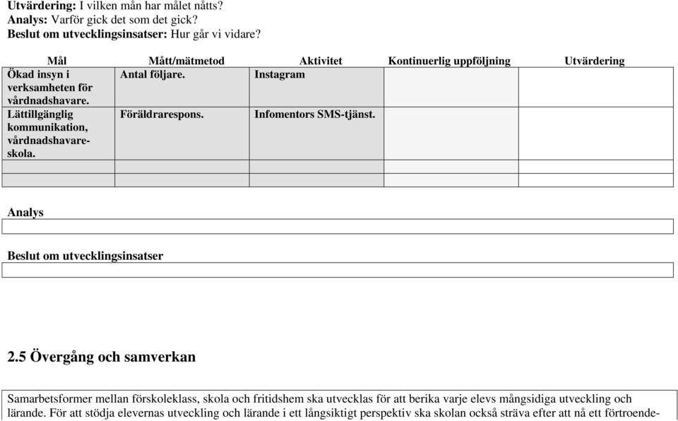 Lättillgänglig kommunikation, vårdnadshavareskola. Föräldrarespons. Infomentors SMS-tjänst. Analys Beslut om utvecklingsinsatser 2.