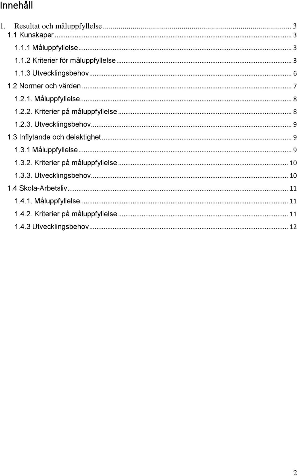 3 Inflytande och delaktighet... 9 1.3.1 Måluppfyllelse... 9 1.3.2. Kriterier på måluppfyllelse... 10 1.3.3. Utvecklingsbehov... 10 1.4 Skola-Arbetsliv.
