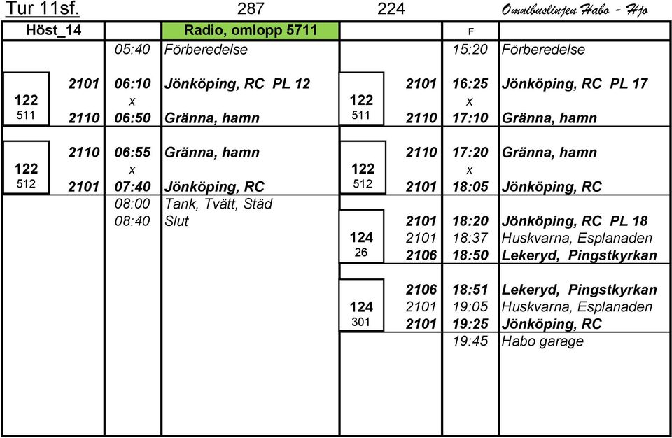 16:25 Jönköping, RC PL 17 x 122 x 2110 06:50 Gränna, hamn 511 2110 17:10 Gränna, hamn 2110 06:55 Gränna, hamn 2110 17:20 Gränna, hamn x 122 x 2