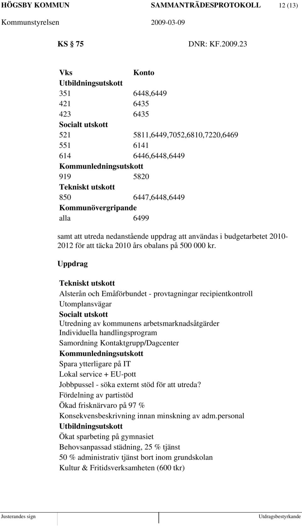 6447,6448,6449 Kommunövergripande alla 6499 samt att utreda nedanstående uppdrag att användas i budgetarbetet 2010-2012 för att täcka 2010 års obalans på 500 000 kr.