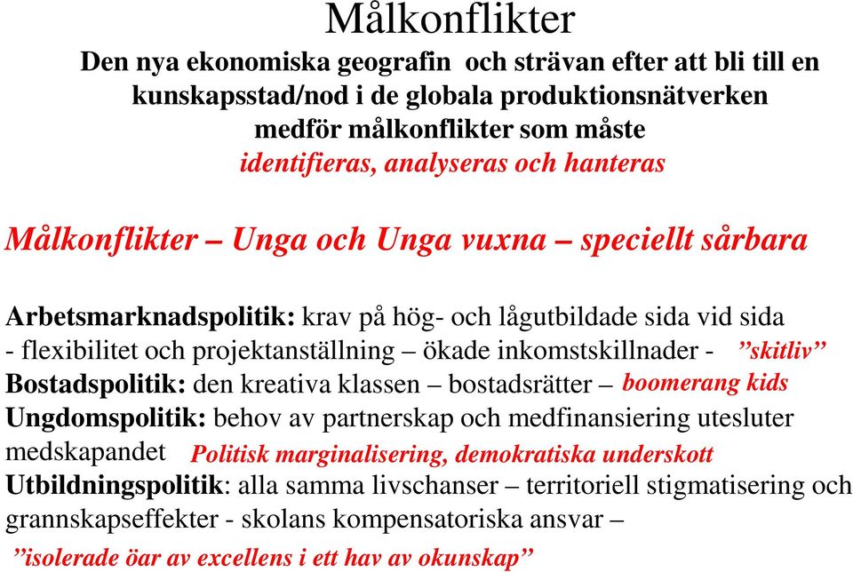 - skitliv Bostadspolitik: den kreativa klassen bostadsrätter boomerang kids Ungdomspolitik: behov av partnerskap och medfinansiering utesluter medskapandet Politisk marginalisering,