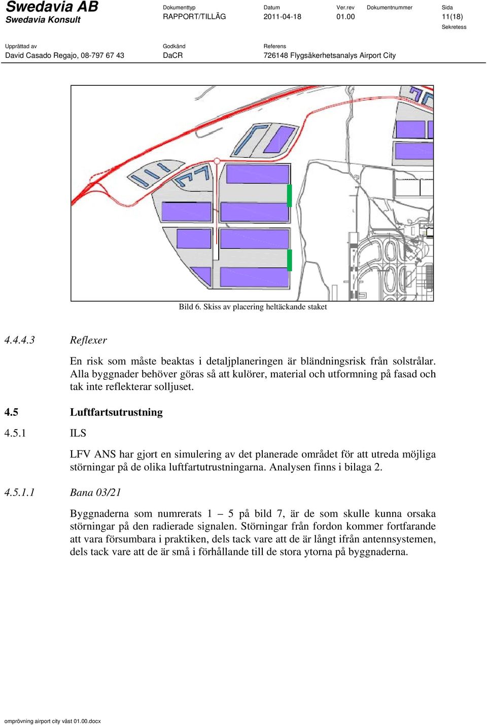 ILS 4.5.1.1 Bana 03/21 LFV ANS har gjort en simulering av det planerade området för att utreda möjliga störningar på de olika luftfartutrustningarna. Analysen finns i bilaga 2.