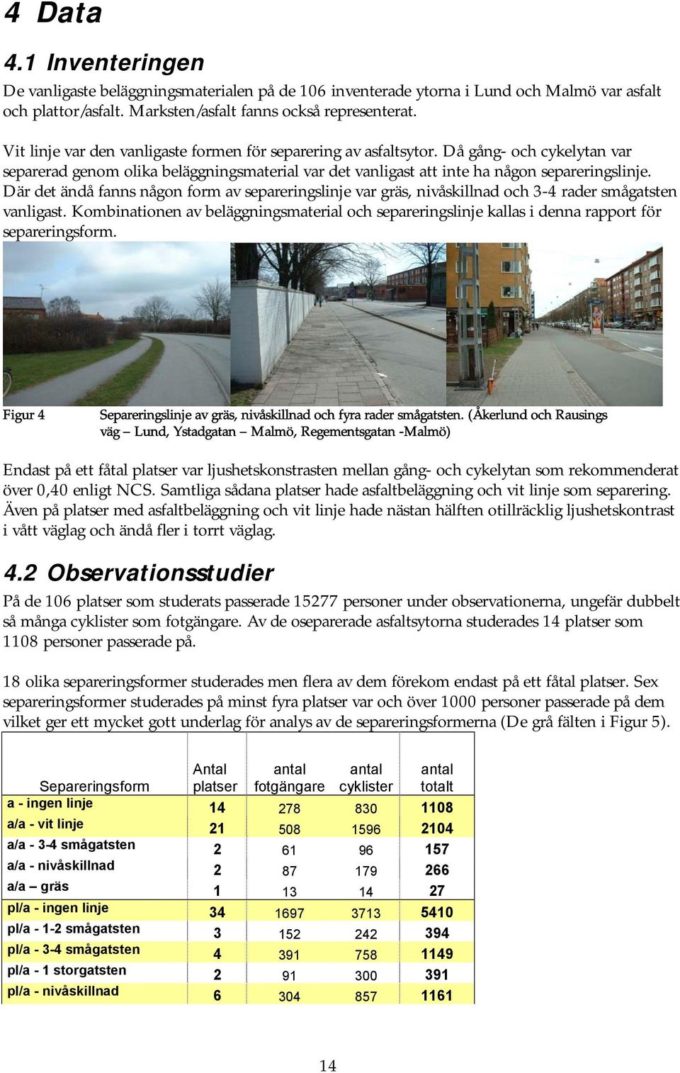 Där det ändå fanns någon form av separeringslinje var gräs, nivåskillnad och 3-4 rader smågatsten vanligast.