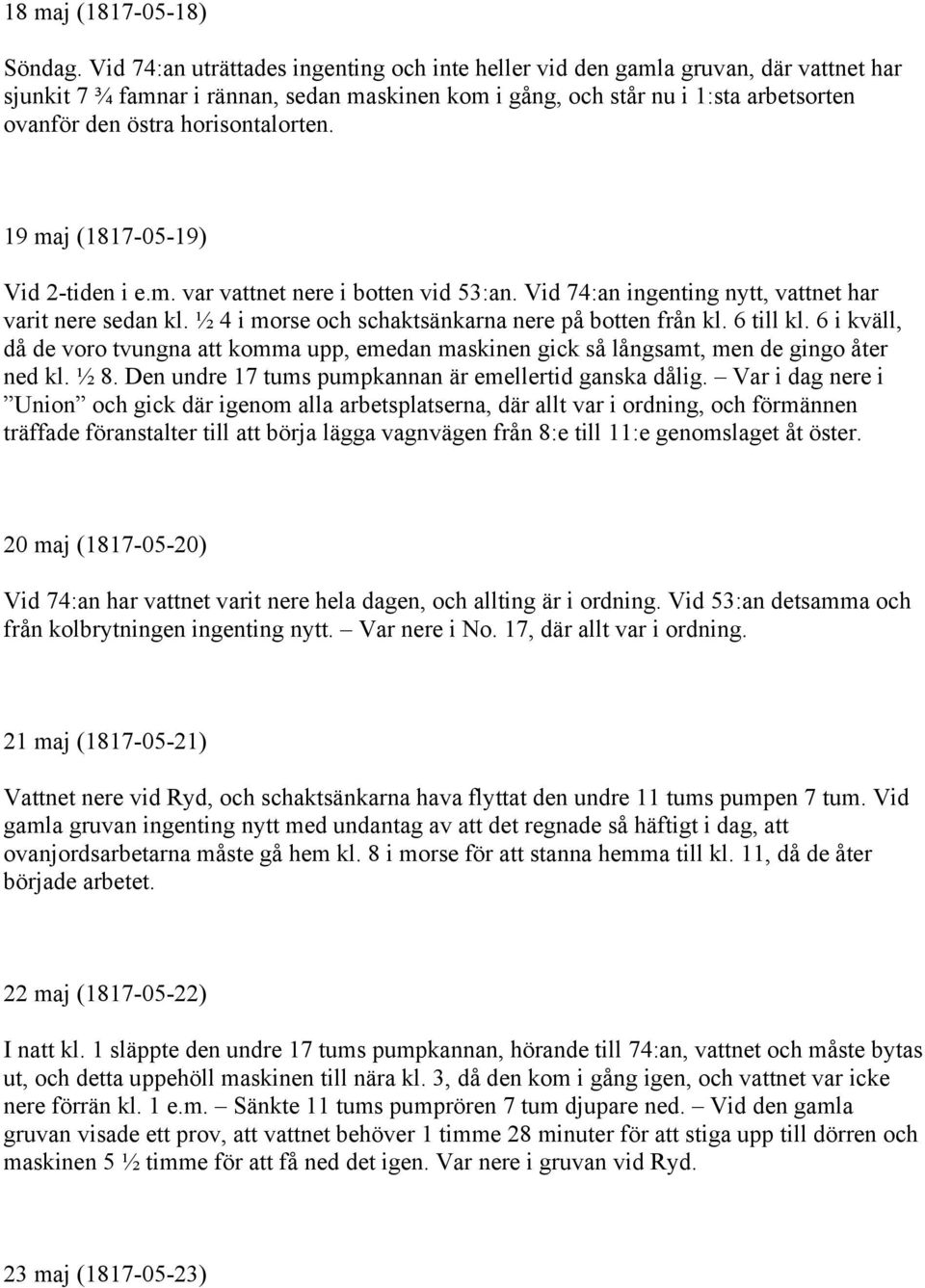 horisontalorten. 19 maj (1817-05-19) Vid 2-tiden i e.m. var vattnet nere i botten vid 53:an. Vid 74:an ingenting nytt, vattnet har varit nere sedan kl.