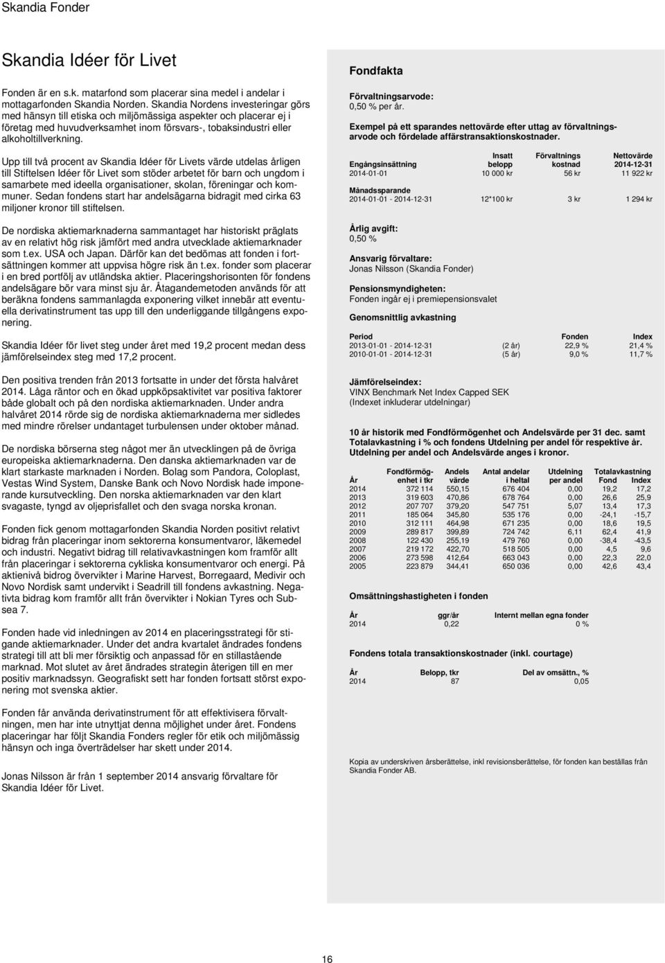 Upp till två procent av Skandia Idéer för Livets värde utdelas årligen till Stiftelsen Idéer för Livet som stöder arbetet för barn och ungdom i samarbete med ideella organisationer, skolan,