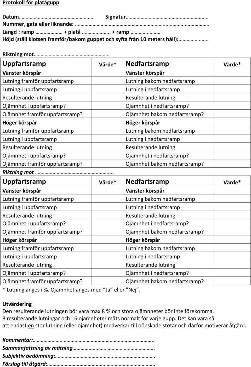 Resulterande lutning Ojämnhet i uppfartsramp? Ojämnhet i nedfartsramp? Ojämnhet framför uppfartsramp? Ojämnhet bakom nedfartsramp?