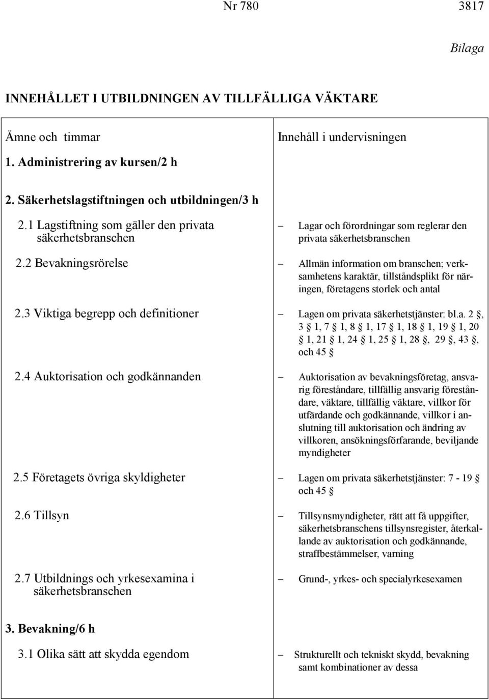 2 Bevakningsrörelse Lagar och förordningar som reglerar den privata säkerhetsbranschen Allmän information om branschen; verksamhetens karaktär, tillståndsplikt för näringen, företagens storlek och