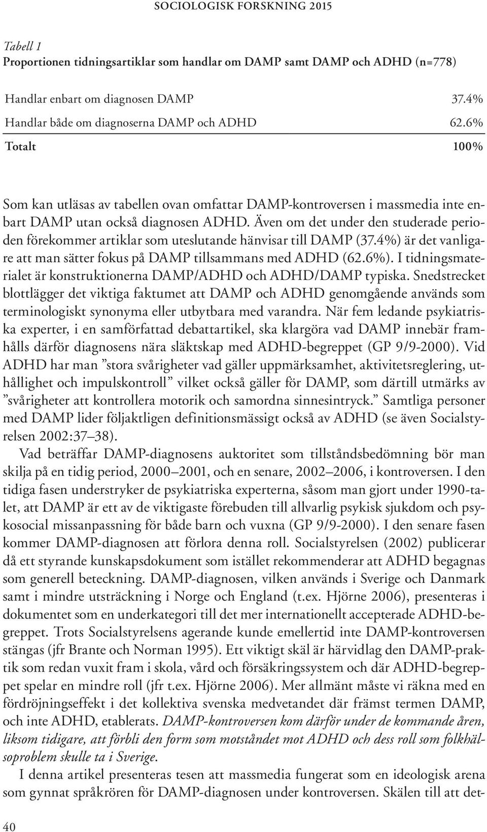 Även om det under den studerade perioden förekommer artiklar som uteslutande hänvisar till DAMP (37.4%) är det vanligare att man sätter fokus på DAMP tillsammans med ADHD (62.6%).