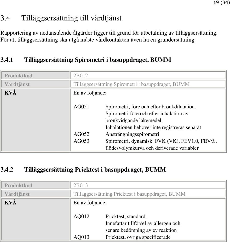 1 Tilläggsersättning Spirometri i basuppdraget, BUMM Vårdtjänst KVÅ 2B012 Tilläggsersättning Spirometri i basuppdraget, BUMM En av följande: AG051 AG052 AG053 Spirometri, före och efter