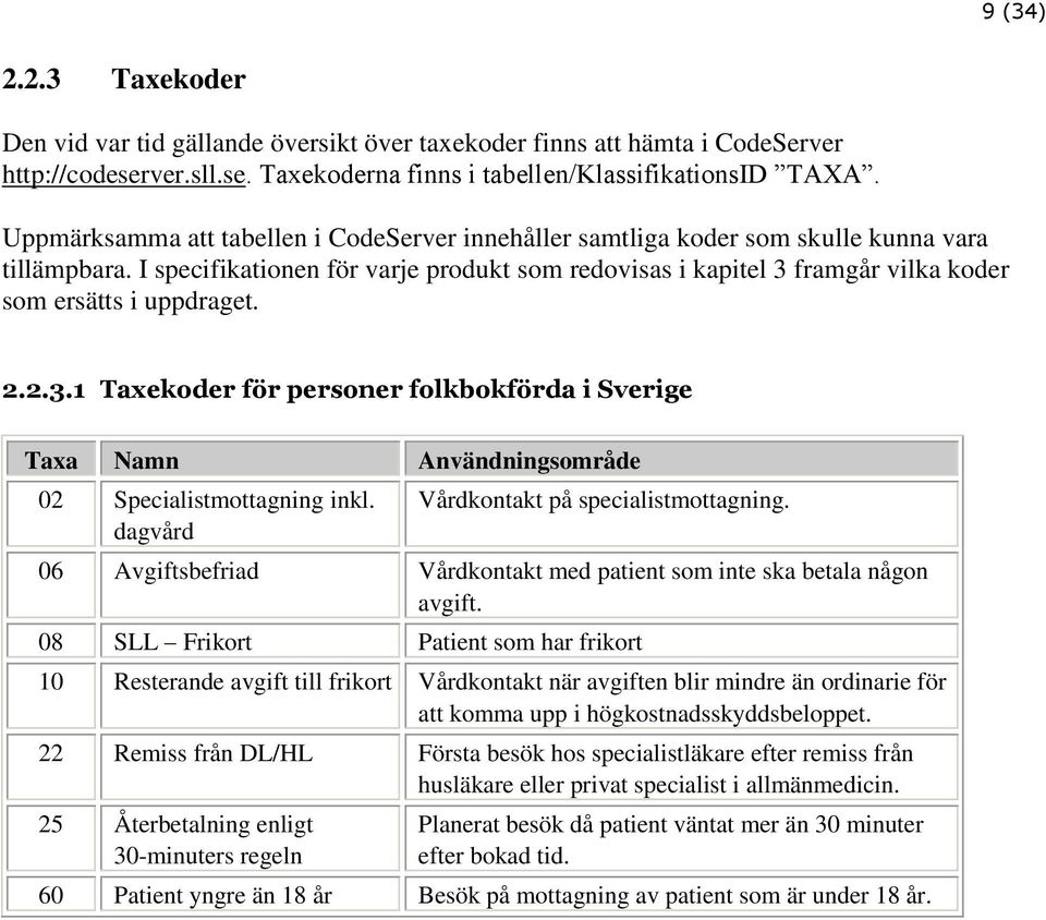 I specifikationen för varje produkt som redovisas i kapitel 3 framgår vilka koder som ersätts i uppdraget. 2.2.3.1 Taxekoder för personer folkbokförda i Sverige Taxa Namn Användningsområde 02 Specialistmottagning inkl.