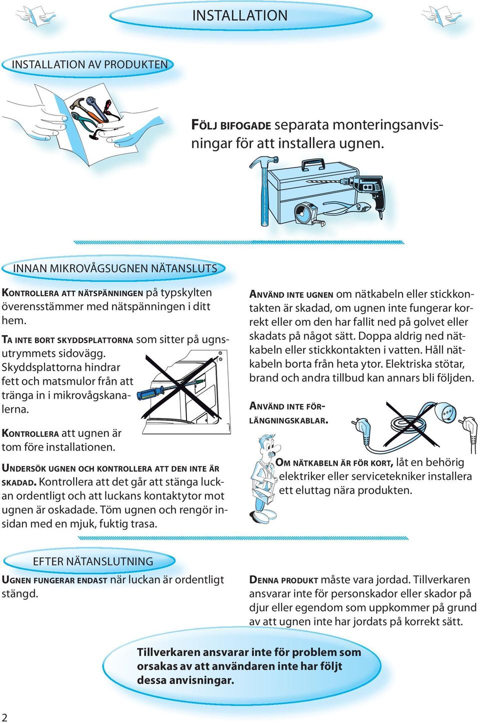 Skyddsplattorna hindrar fett och matsmulor från att tränga in i mikrovågskanalerna. KONTROLLERA att ugnen är tom före installationen. UNDERSÖK UGNEN OCH KONTROLLERA ATT DEN INTE ÄR SKADAD.