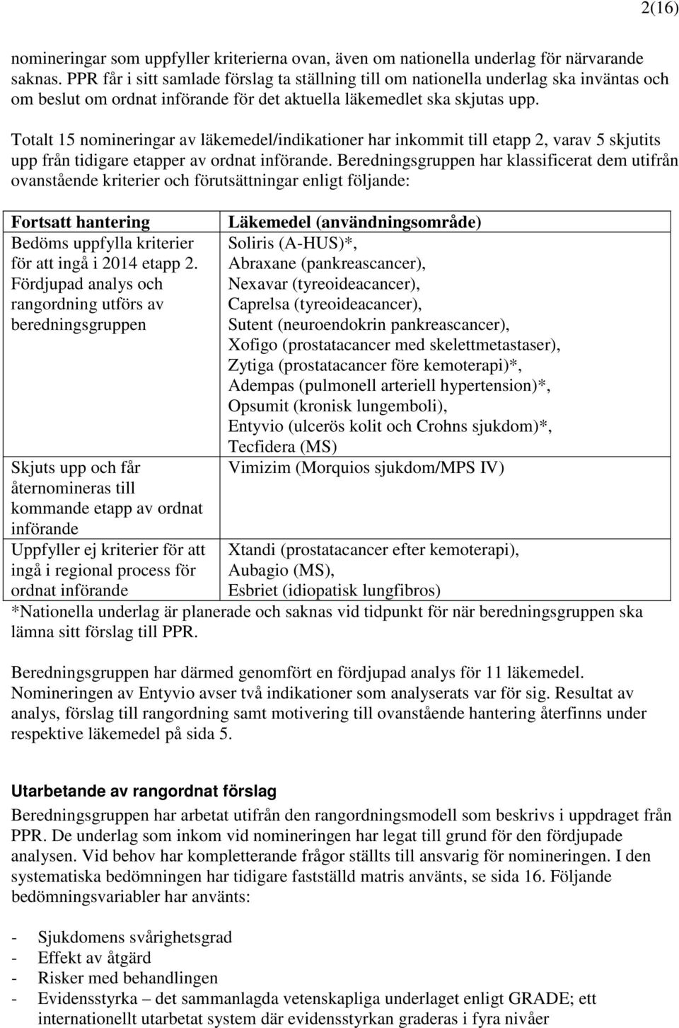 Totalt 15 nomineringar av läkemedel/indikationer har inkommit till etapp 2, varav 5 skjutits upp från tidigare etapper av ordnat införande.