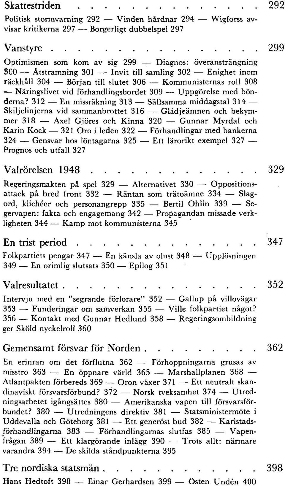 312 En missräkning 313 Sällsamma middagstal 314 Skiljelinjerna vid sammanbrottet 316 Glädjeämnen och bekymmer 318 Axel Gjöres och Kinna 320 Gunnar Myrdal och Karin Kock 321 Oro i leden 322