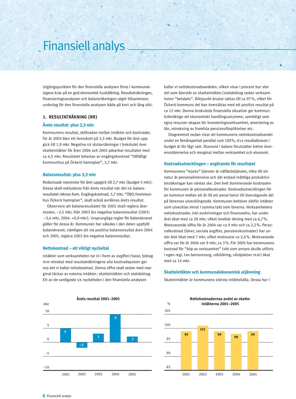 RESULTATRÄKNING (RR) Årets resultat: plus 2,3 mkr Kommunens resultat, skillnaden mellan intäkter och kostnader, för år 2005 blev ett överskott på 2,3 mkr. Budget för året uppgick till 1,9 mkr.