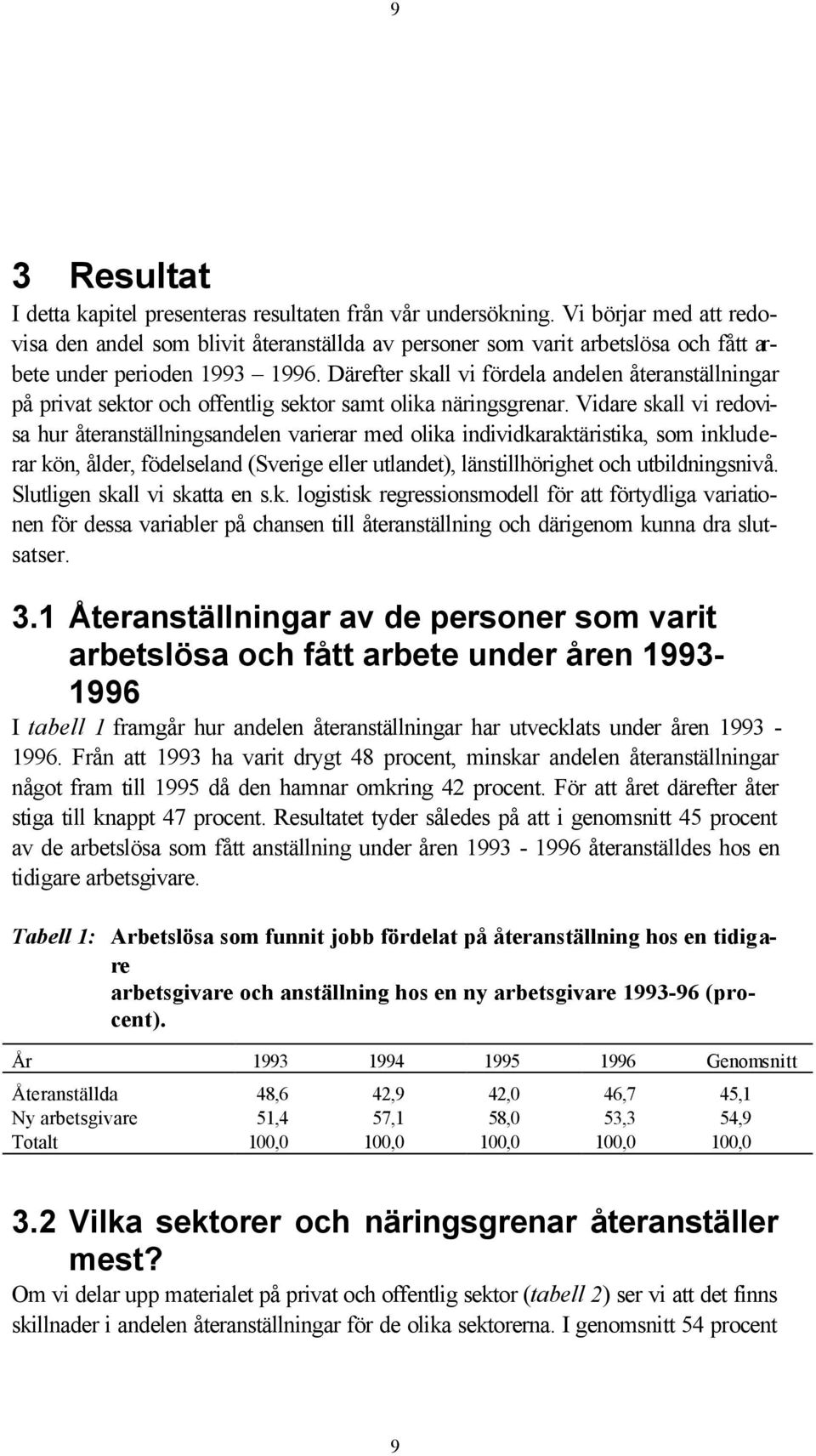 Därefter skall vi fördela andelen återanställningar på privat sektor och offentlig sektor samt olika näringsgrenar.