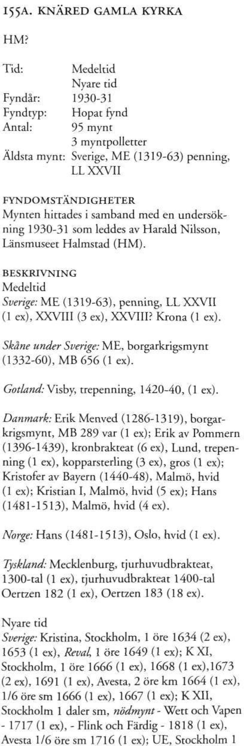 av Harald Nilsson, Länsmuseet Halmstad (HM). Medeltid Sverige: ME (1319-63), penning, LL XXVII (1 ex), XXVIII (3 ex), XXVIII? Krona (1 ex).