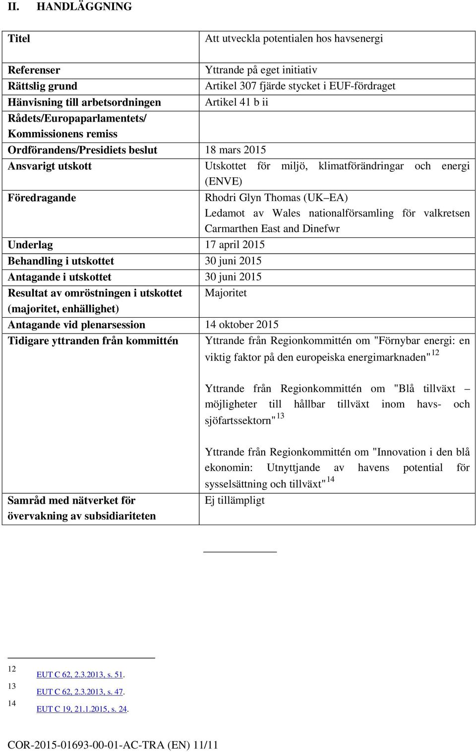 Glyn Thomas (UK EA) Ledamot av Wales nationalförsamling för valkretsen Carmarthen East and Dinefwr Underlag 17 april 2015 Behandling i utskottet 30 juni 2015 Antagande i utskottet 30 juni 2015