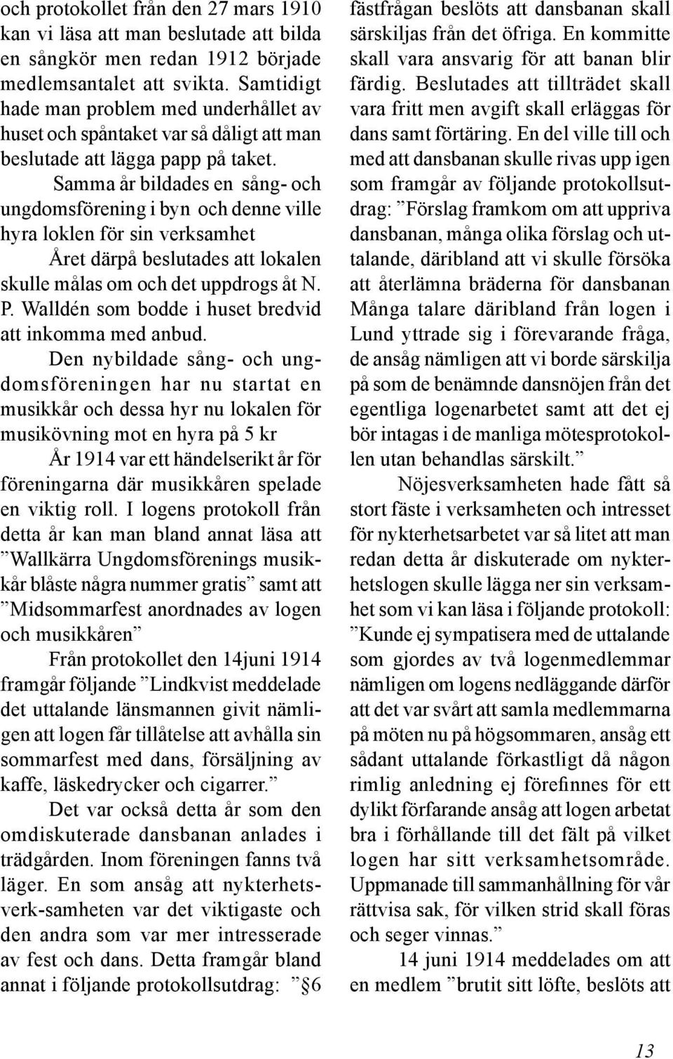 Samma år bildades en sång- och ungdomsförening i byn och denne ville hyra loklen för sin verksamhet Året därpå beslutades att lokalen skulle målas om och det uppdrogs åt N. P.