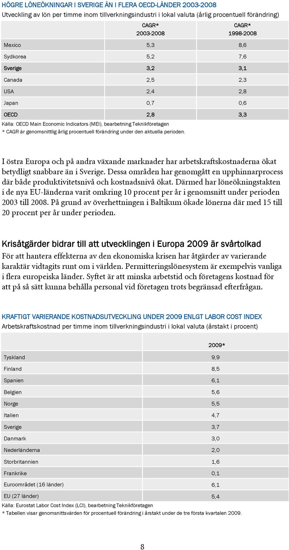 årlig procentuell förändring under den aktuella perioden. I östra Europa och på andra växande marknader har arbetskraftskostnaderna ökat betydligt snabbare än i Sverige.