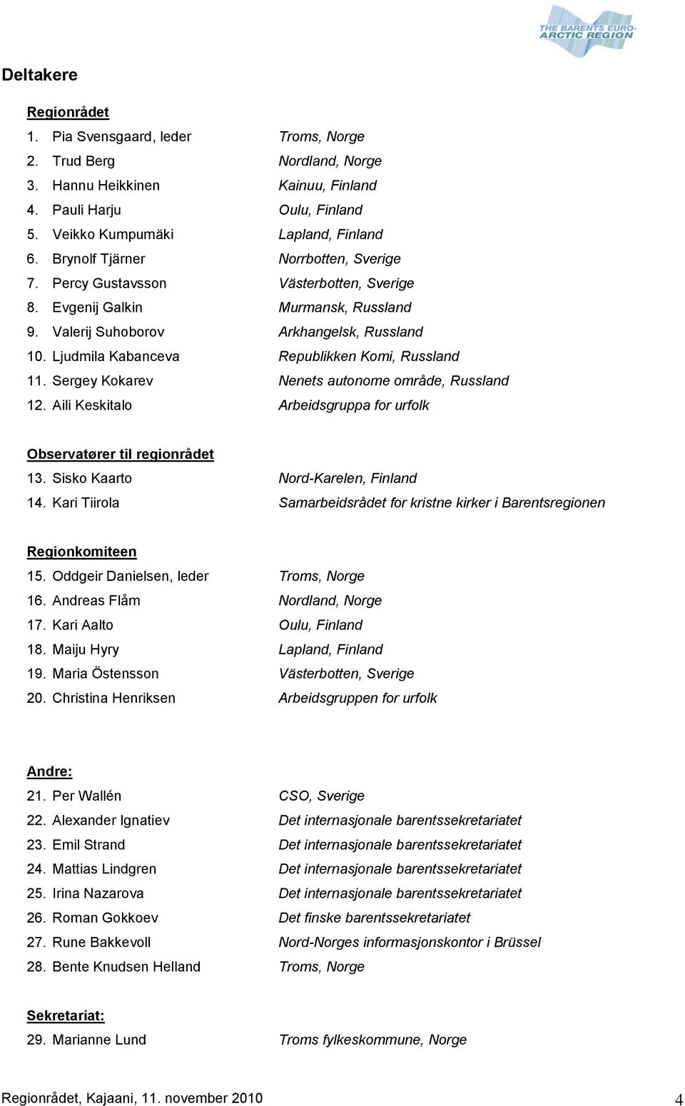 Ljudmila Kabanceva Republikken Komi, Russland 11. Sergey Kokarev Nenets autonome område, Russland 12. Aili Keskitalo Arbeidsgruppa for urfolk Observatører til regionrådet 13.