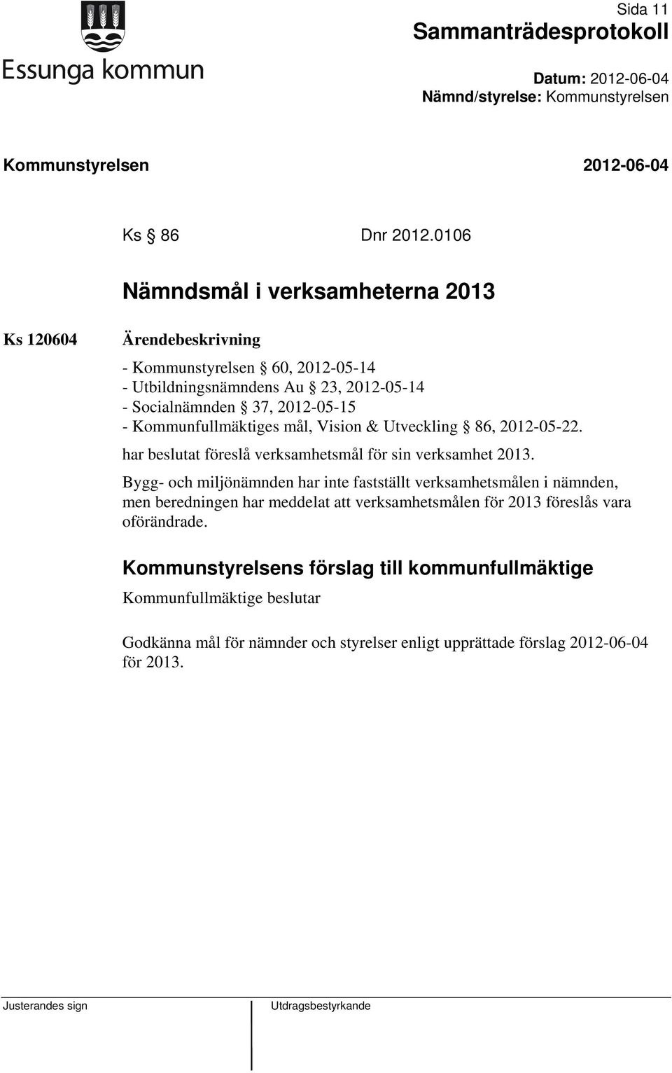 2012-05-15 - Kommunfullmäktiges mål, Vision & Utveckling 86, 2012-05-22. har beslutat föreslå verksamhetsmål för sin verksamhet 2013.