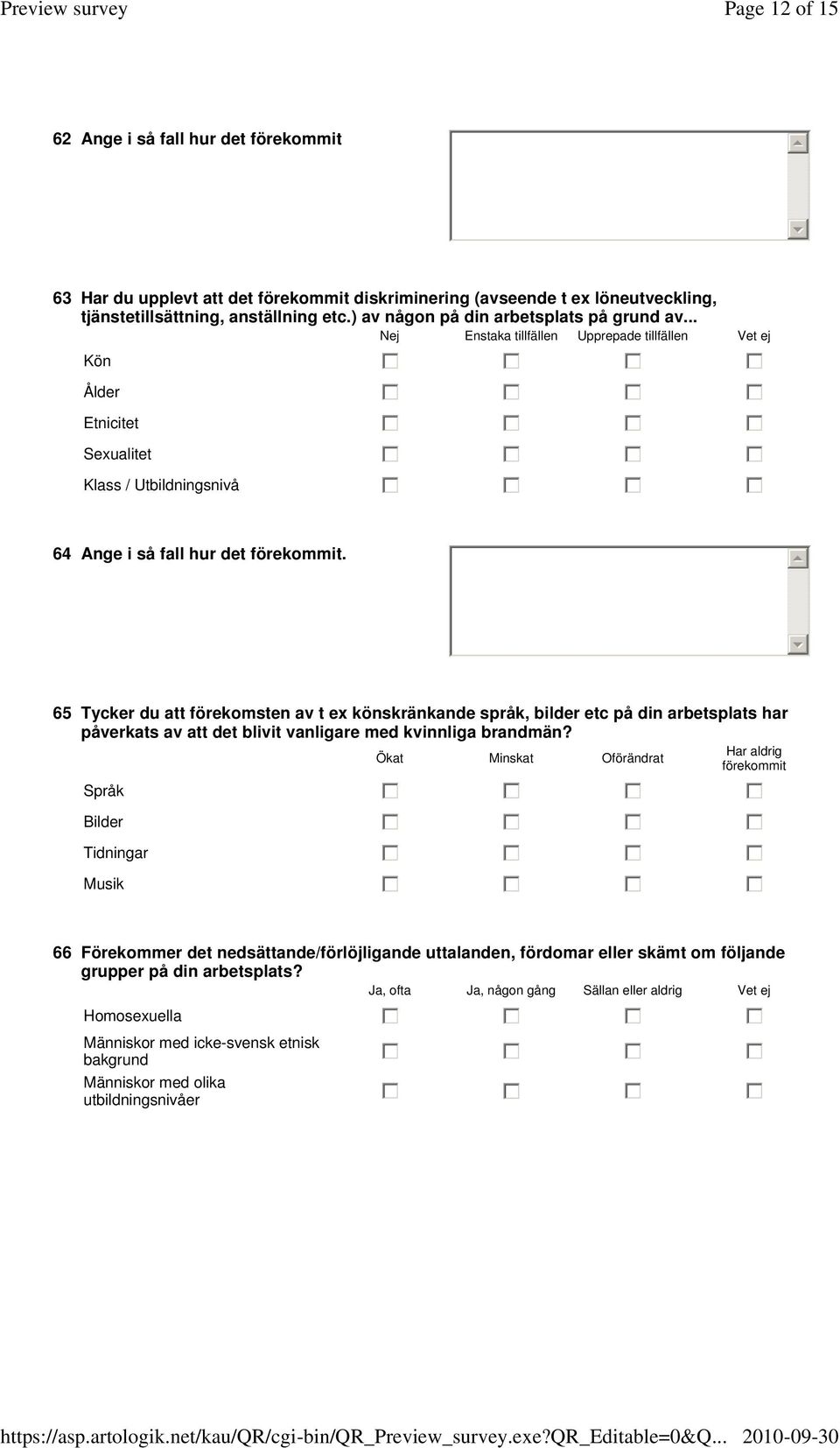 .. Nej Enstaka tillfällen Upprepade tillfällen Vet ej Kön gfedc gfedc gfedc gfedc Ålder gfedc gfedc gfedc gfedc Etnicitet gfedc gfedc gfedc gfedc Sexualitet gfedc gfedc gfedc gfedc Klass /