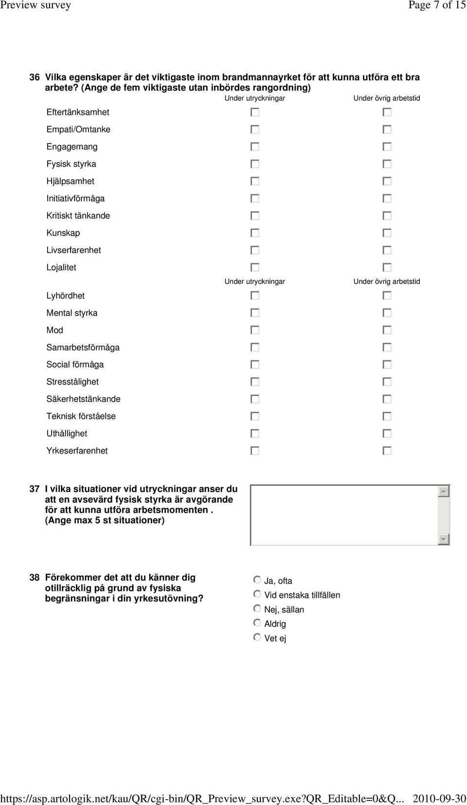 Hjälpsamhet gfedc gfedc Initiativförmåga gfedc gfedc Kritiskt tänkande gfedc gfedc Kunskap gfedc gfedc Livserfarenhet gfedc gfedc Lojalitet gfedc gfedc Under utryckningar Under övrig arbetstid