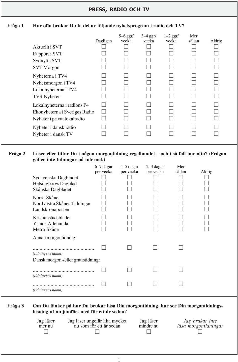 Lokalnyheterna i radions P4 Ekonyheterna i Sveriges Radio Nyheter i privat lokalradio Nyheter i dansk radio Nyheter i dansk TV Fråga 2 Läser eller tittar Du i någon morgontidning regelbundet och i så
