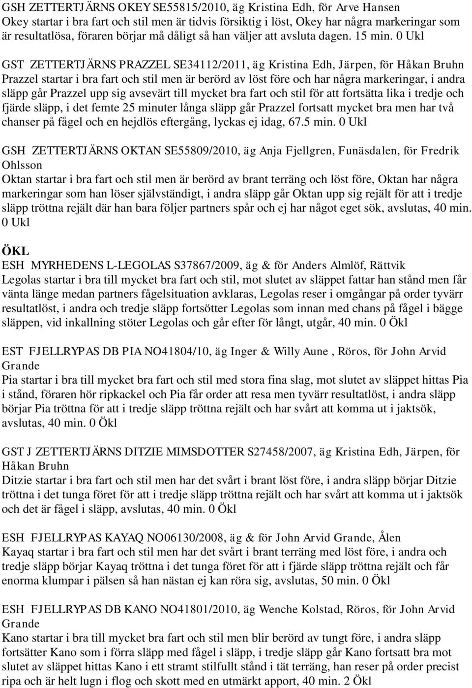 0 Ukl GST ZETTERTJÄRNS PRAZZEL SE34112/2011, äg Kristina Edh, Järpen, för Håkan Bruhn Prazzel startar i bra fart och stil men är berörd av löst före och har några markeringar, i andra släpp går