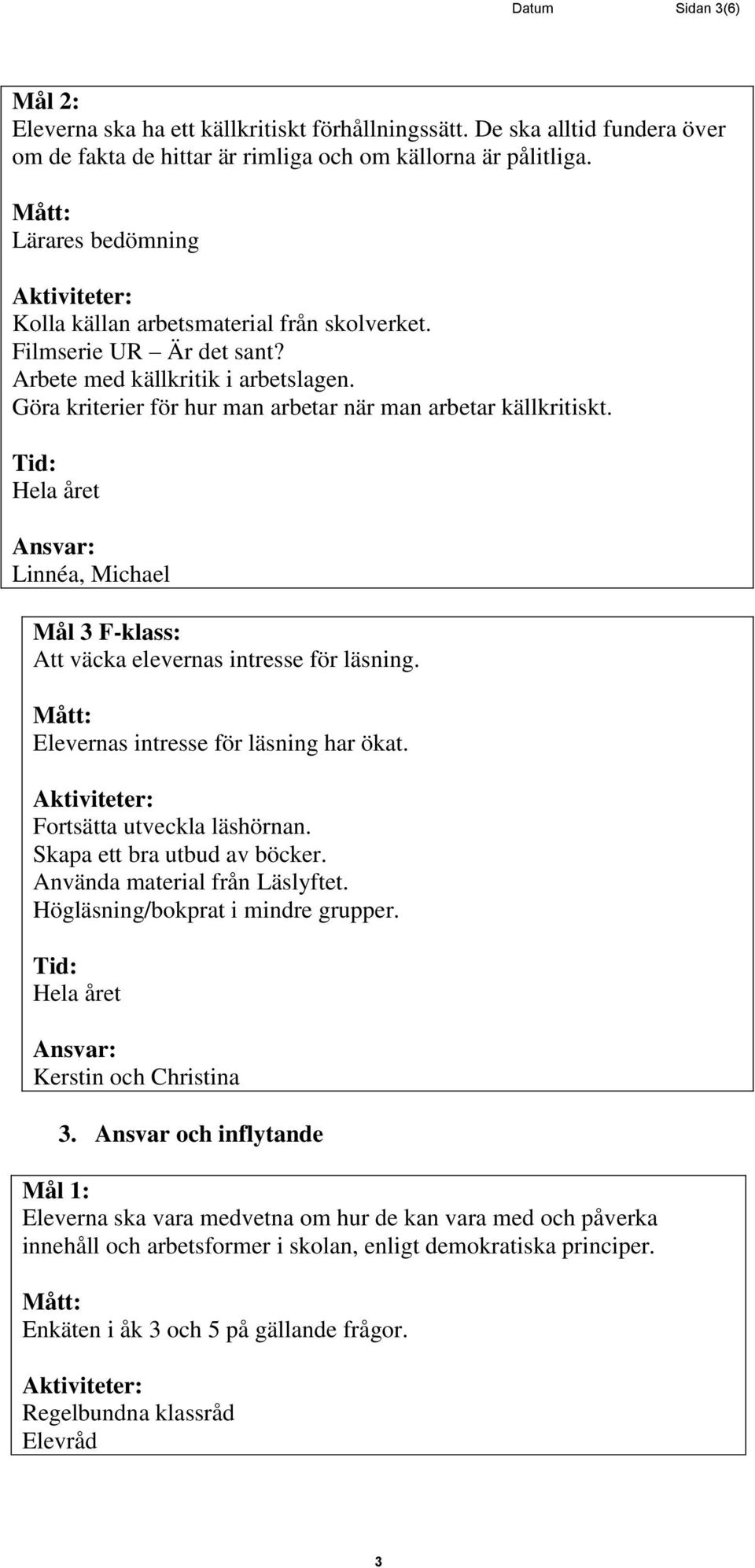 Linnéa, Michael Mål 3 F-klass: Att väcka elevernas intresse för läsning. Elevernas intresse för läsning har ökat. Fortsätta utveckla läshörnan. Skapa ett bra utbud av böcker.