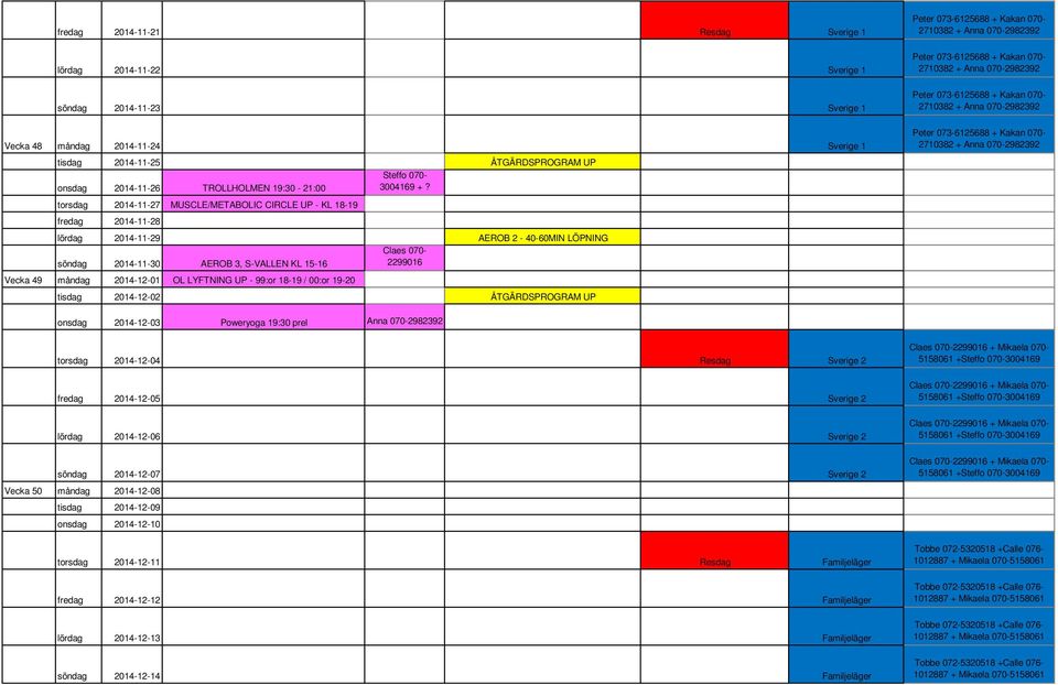 torsdag 2014-11-27 MUSCLE/METABOLIC CIRCLE UP - KL 18-19 fredag 2014-11-28 lördag 2014-11-29 AEROB 2-40-60MIN LÖPNING söndag 2014-11-30 AEROB 3, S-VALLEN KL 15-16 Claes 070-2299016 Vecka 49 måndag