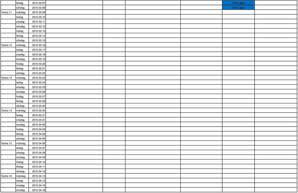 torsdag 2015-03-26 fredag 2015-03-27 lördag 2015-03-28 söndag 2015-03-29 Vecka 14 måndag 2015-03-30 tisdag 2015-03-31 onsdag 2015-04-01 torsdag 2015-04-02 fredag 2015-04-03 lördag 2015-04-04 söndag