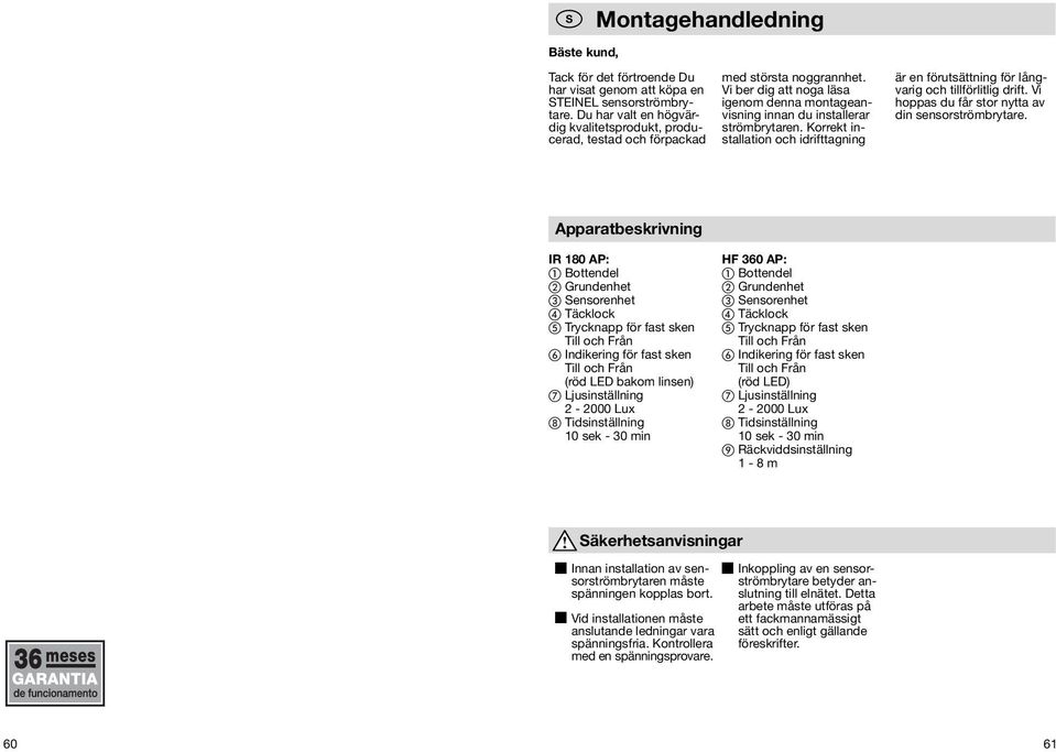 Korrekt installation och idrifttagning är en förutsättning för långvarig och tillförlitlig drift. Vi hoppas du får stor nytta av din sensorströmbrytare.