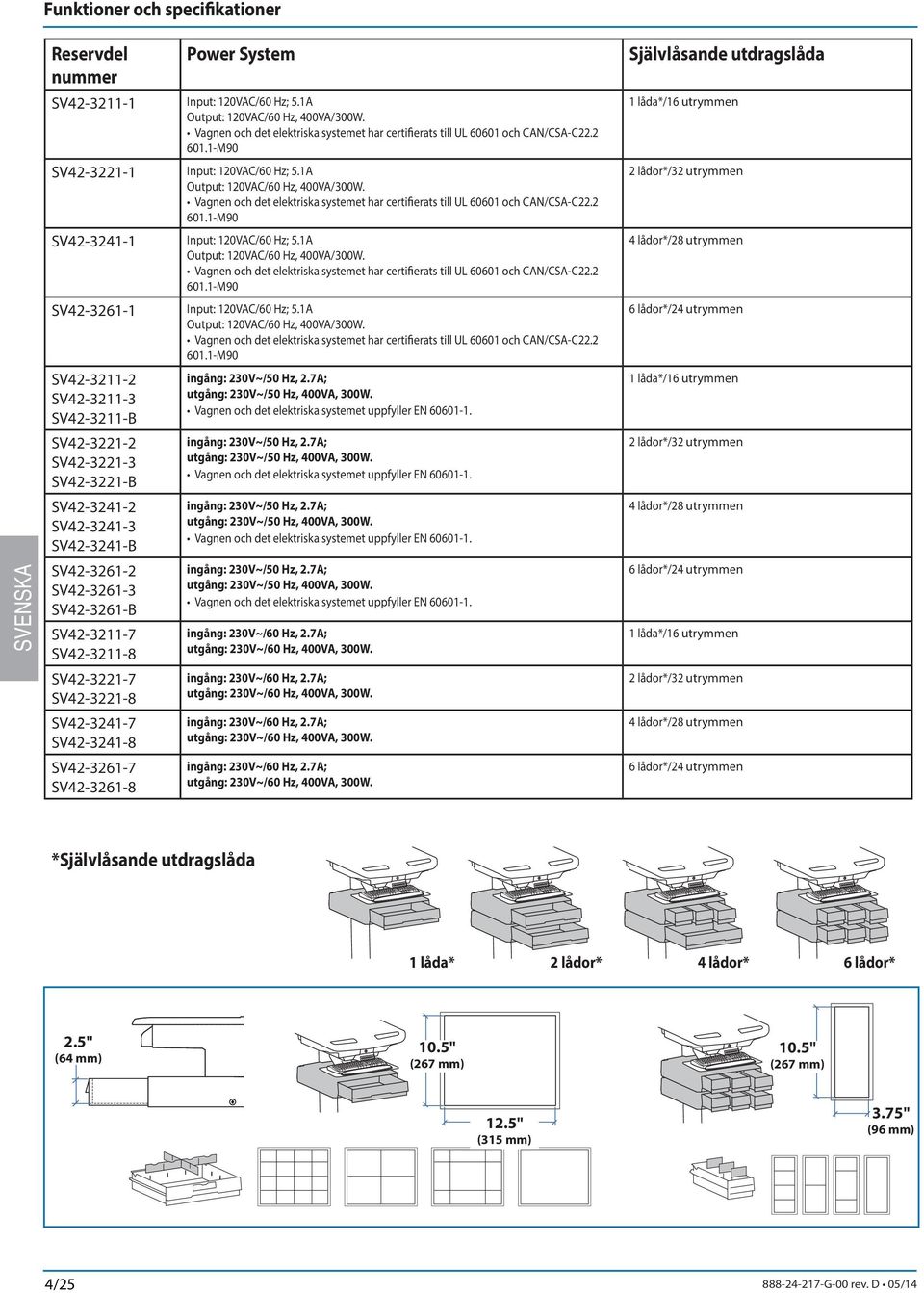 Vagnen och det elektriska systemet har certifierats till UL 60601 och CAN/CSA-C22.2 601.1-M90 SV42-3241-1 Input: 120VAC/60 Hz; 5.1A Output: 120VAC/60 Hz, 400VA/300W.