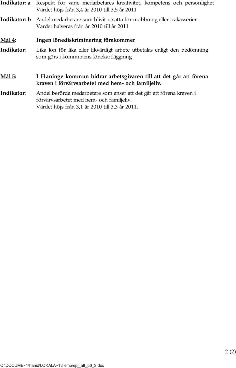 som görs i kommunens lönekartläggning Mål 5: Indikator: I Haninge kommun bidrar arbetsgivaren till att det går att förena kraven i förvärvsarbetet med hem- och familjeliv.