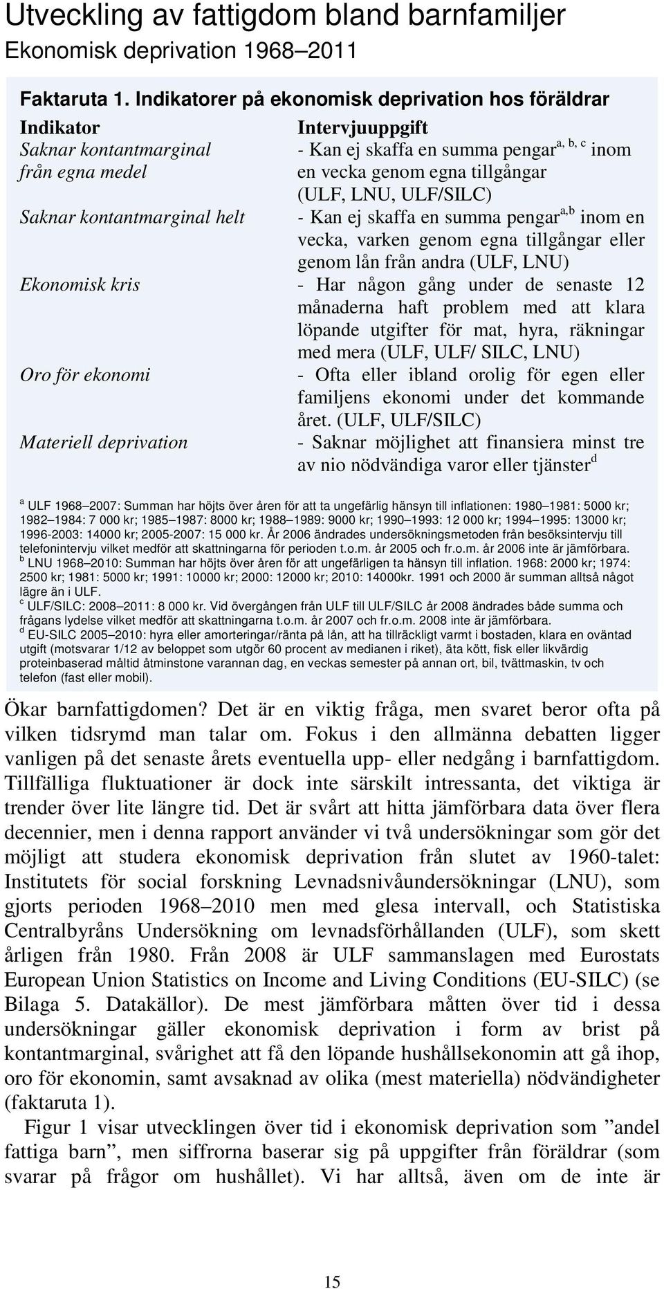 LNU, ULF/SILC) Saknar kontantmarginal helt - Kan ej skaffa en summa pengar a,b inom en vecka, varken genom egna tillgångar eller genom lån från andra (ULF, LNU) Ekonomisk kris - Har någon gång under