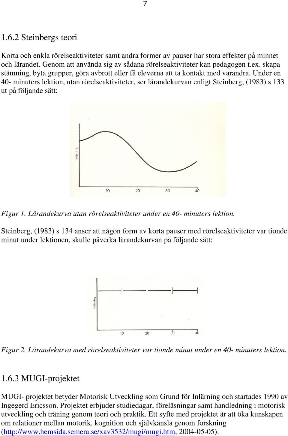 Under en 40- minuters lektion, utan rörelseaktiviteter, ser lärandekurvan enligt Steinberg, (1983) s 133 ut på följande sätt: Figur 1.