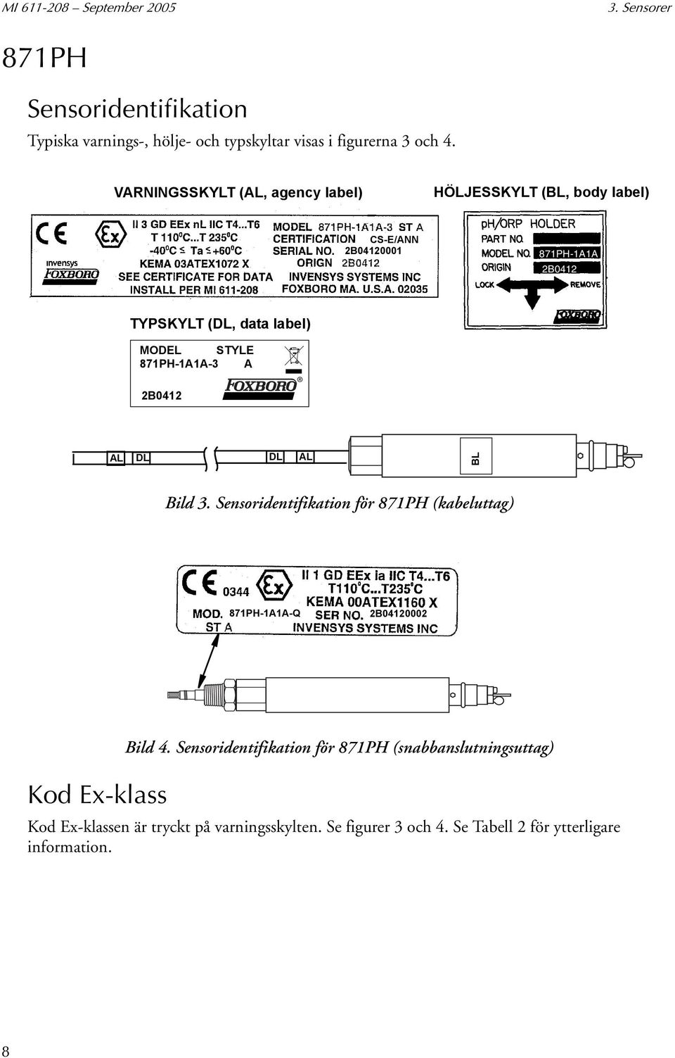 MODEL STYLE 871PH-1A1A-3 A 2B0412 AL DL DL AL BL Bild 3. Sensoridentifikation för 871PH (kabeluttag) 871PH-1A1A-Q 2B04120002 Kod Ex-klass Bild 4.