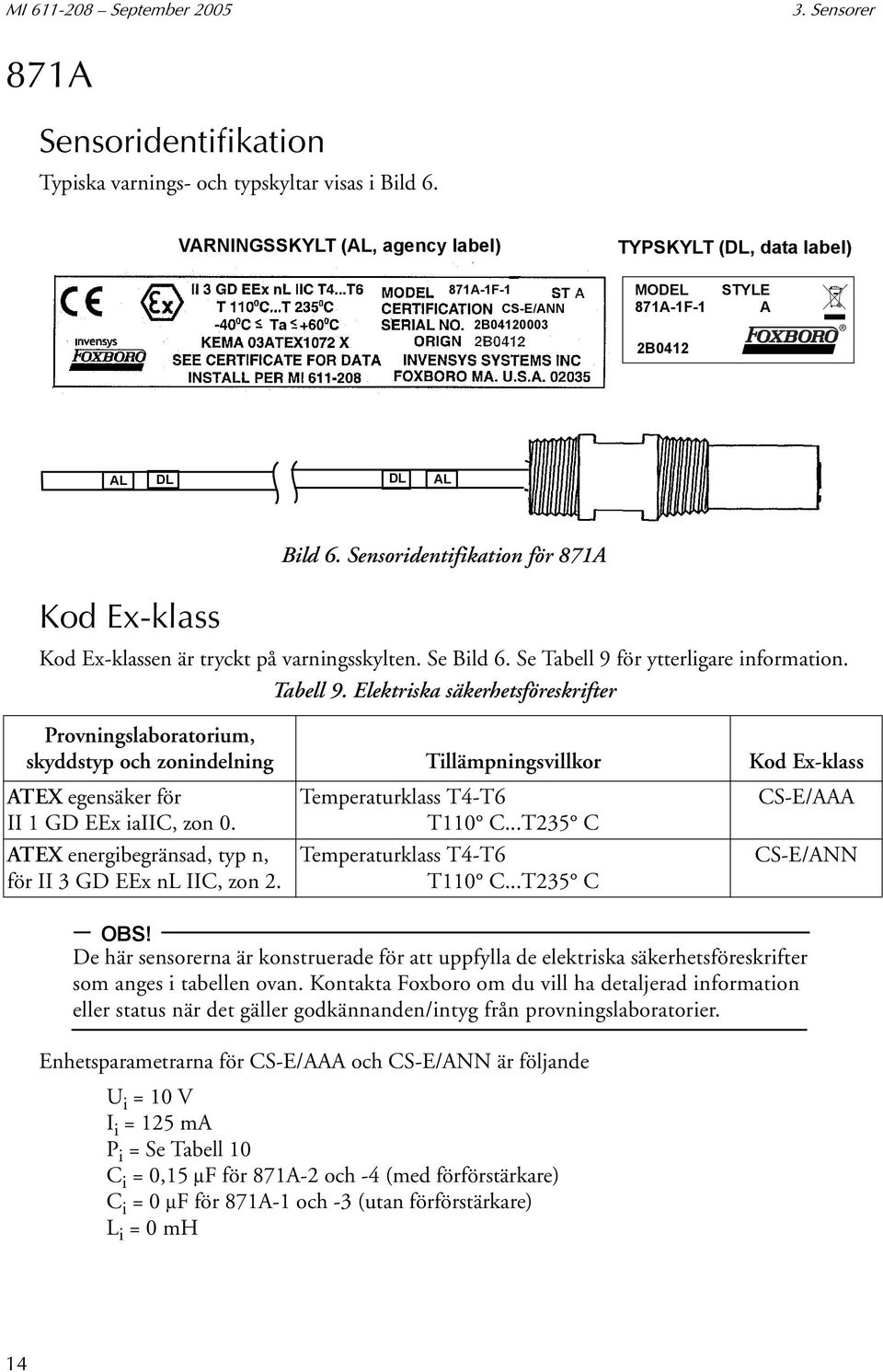 Sensoridentifikation för 871A Kod Ex-klassen är tryckt på varningsskylten. Se Bild 6. Se Tabell 9 